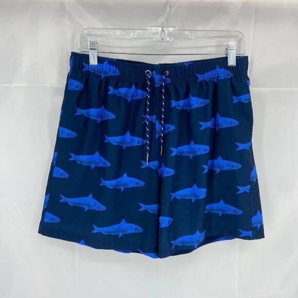 Seastate Men M Swim Trunk Mesh Lined Fish Print Navy Blue 5" Inseam Beach Pool - Picture 1 of 9